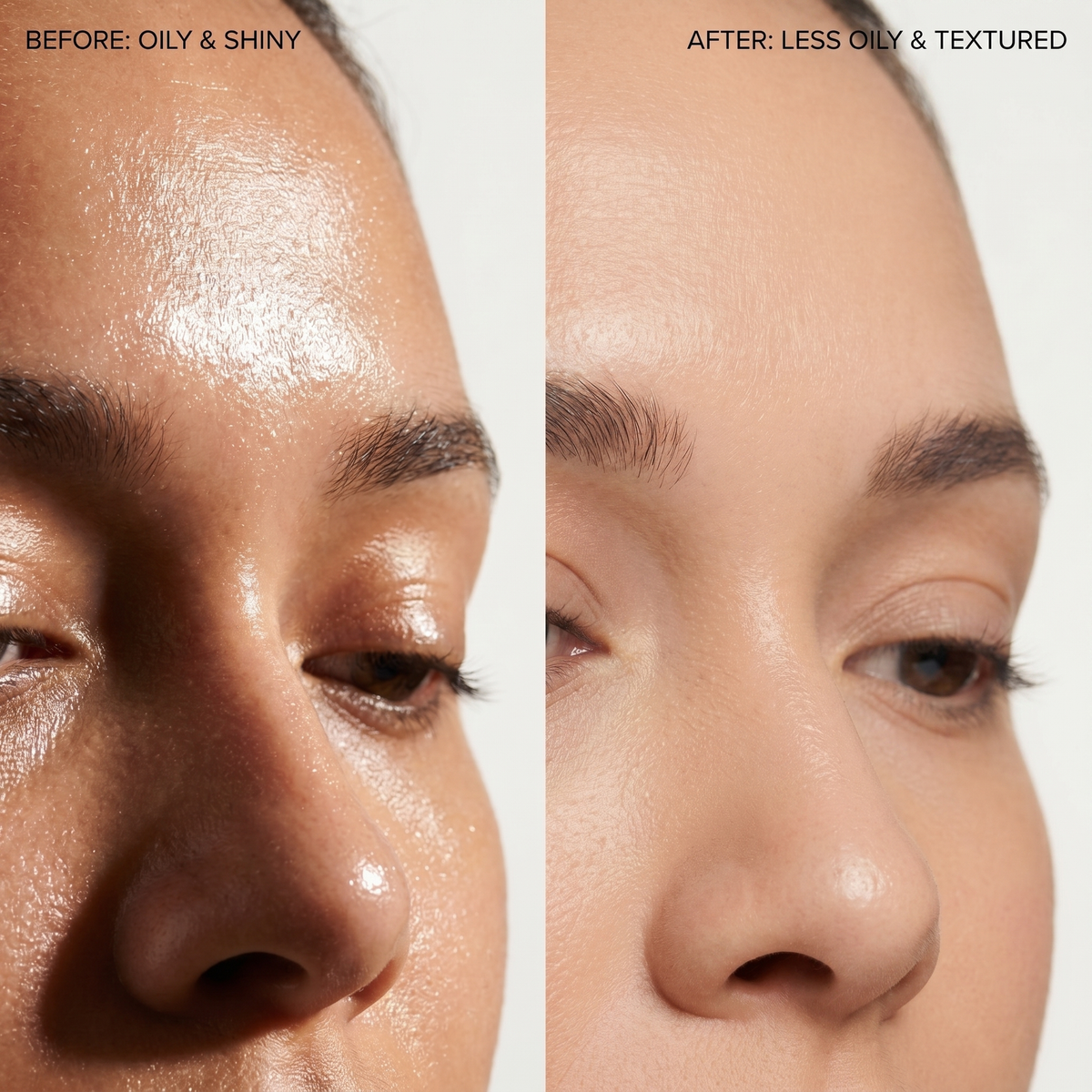 Before: oily, shiny forehead and nose. After: matte skin after one press of Tokyo Skin.