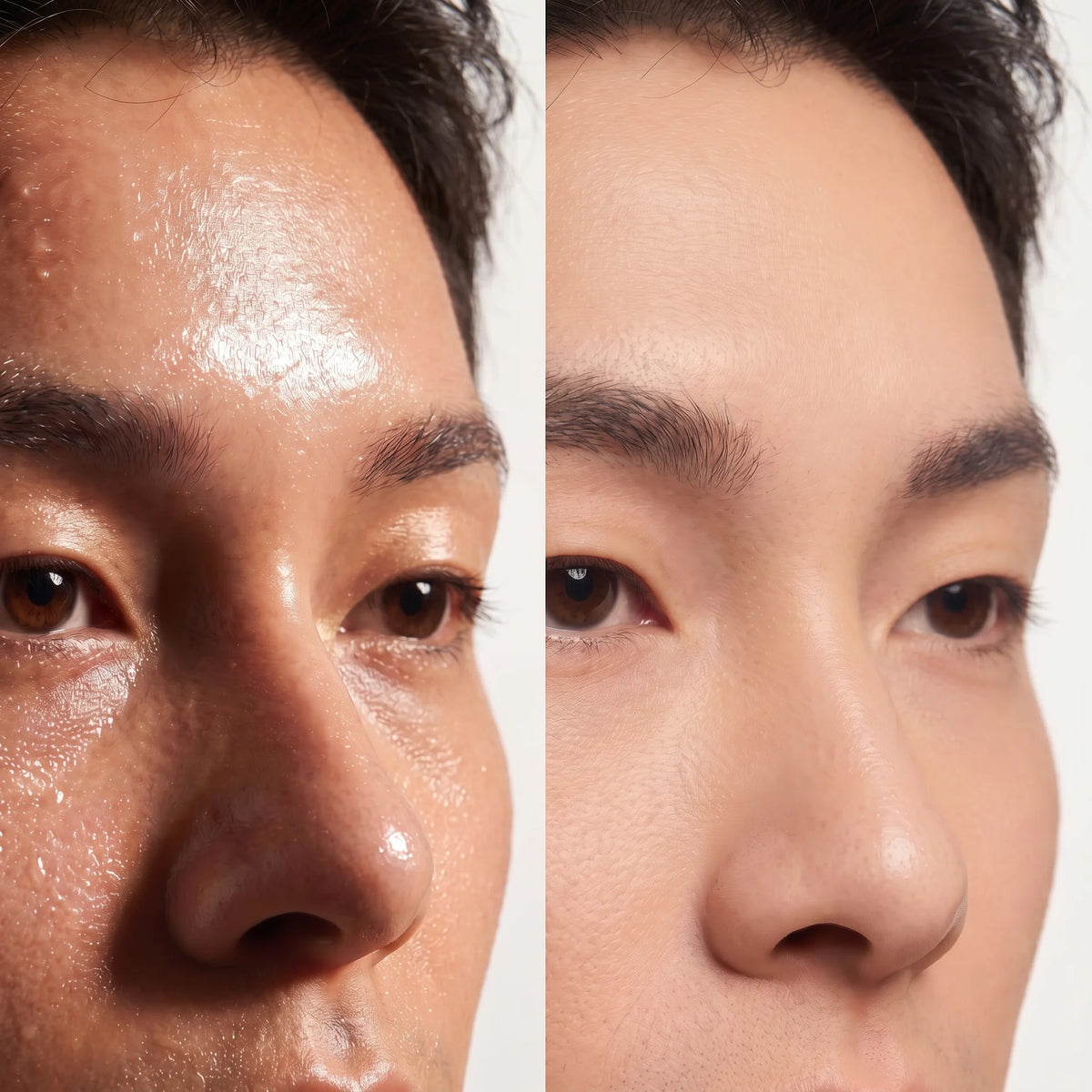 Before: oily, shiny forehead and nose. After: matte skin after one press of Tokyo Skin.